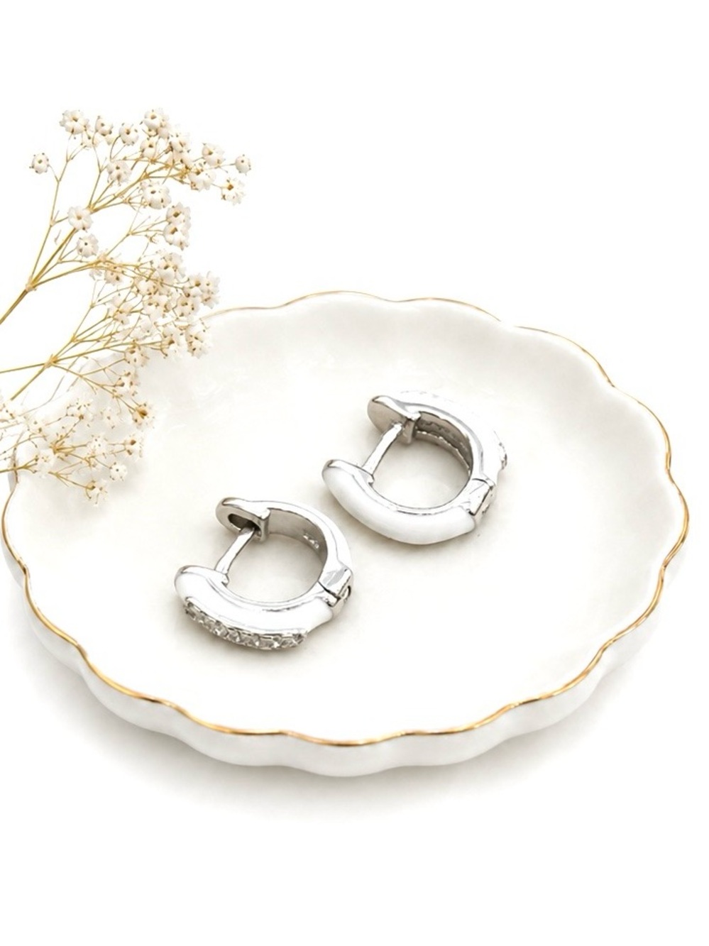 925 Sterling Silver Pavé Enamel & CZ Huggie Hoop Earrings